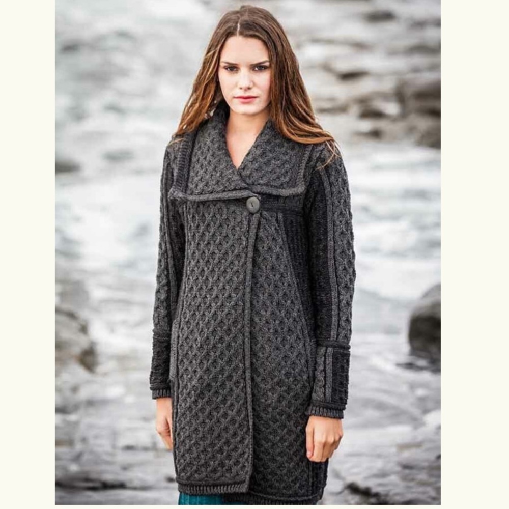 Inis Crafts Made in Ireland Merino Wool Coat Cardigan Gray Small